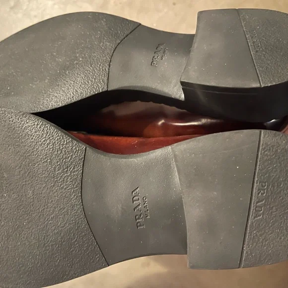 Prada Brown Leather Penny Loafers with Logo Plaque - Picture 7 of 8